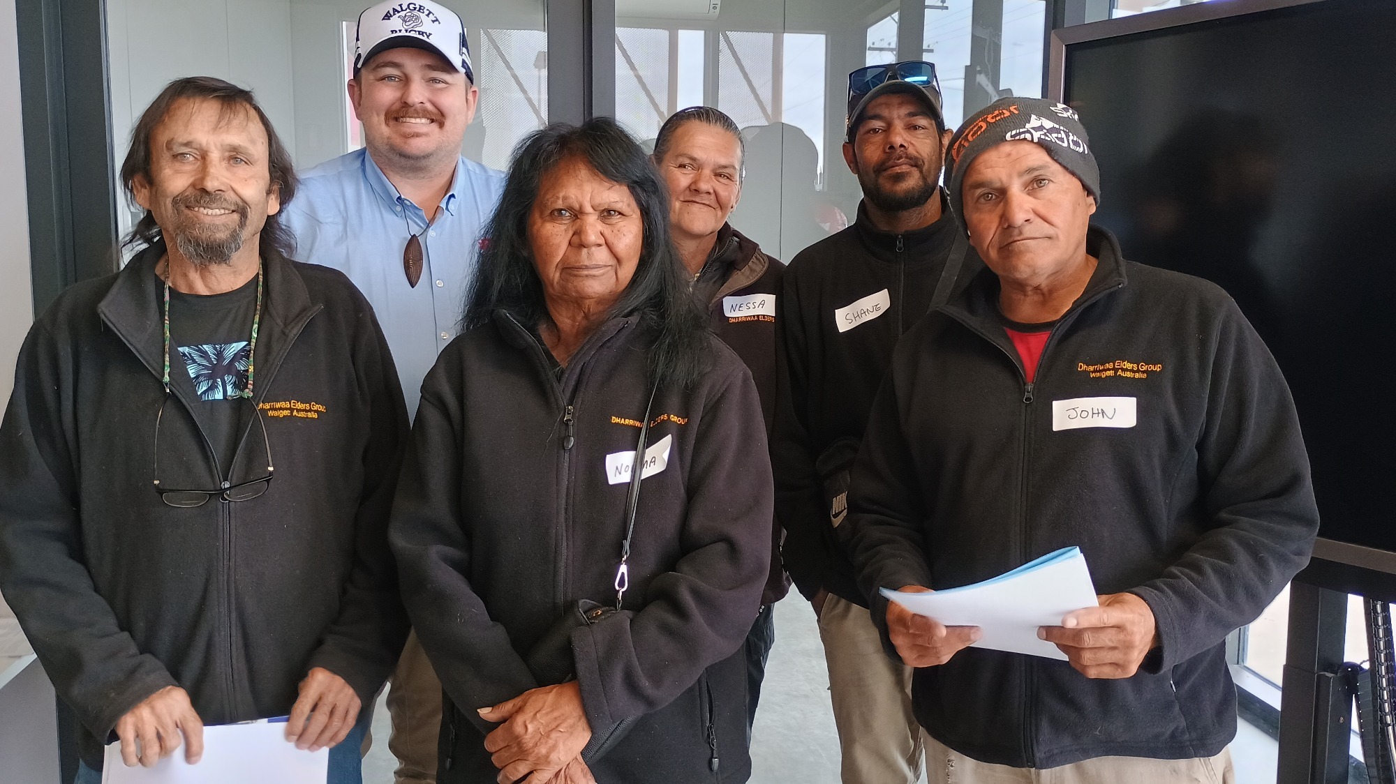 DEG's Rick Townsend, Norma Kennedy, Vanessa Hickey, Shane Fernando and John Sands with Jake Gillies Aboriginal and Cultural Officer NSW DCCEEW Water Group after the information session held in Walgett 31 July 2025 in Walgett by the Water Group re the Toolkit Measures fishway projects.