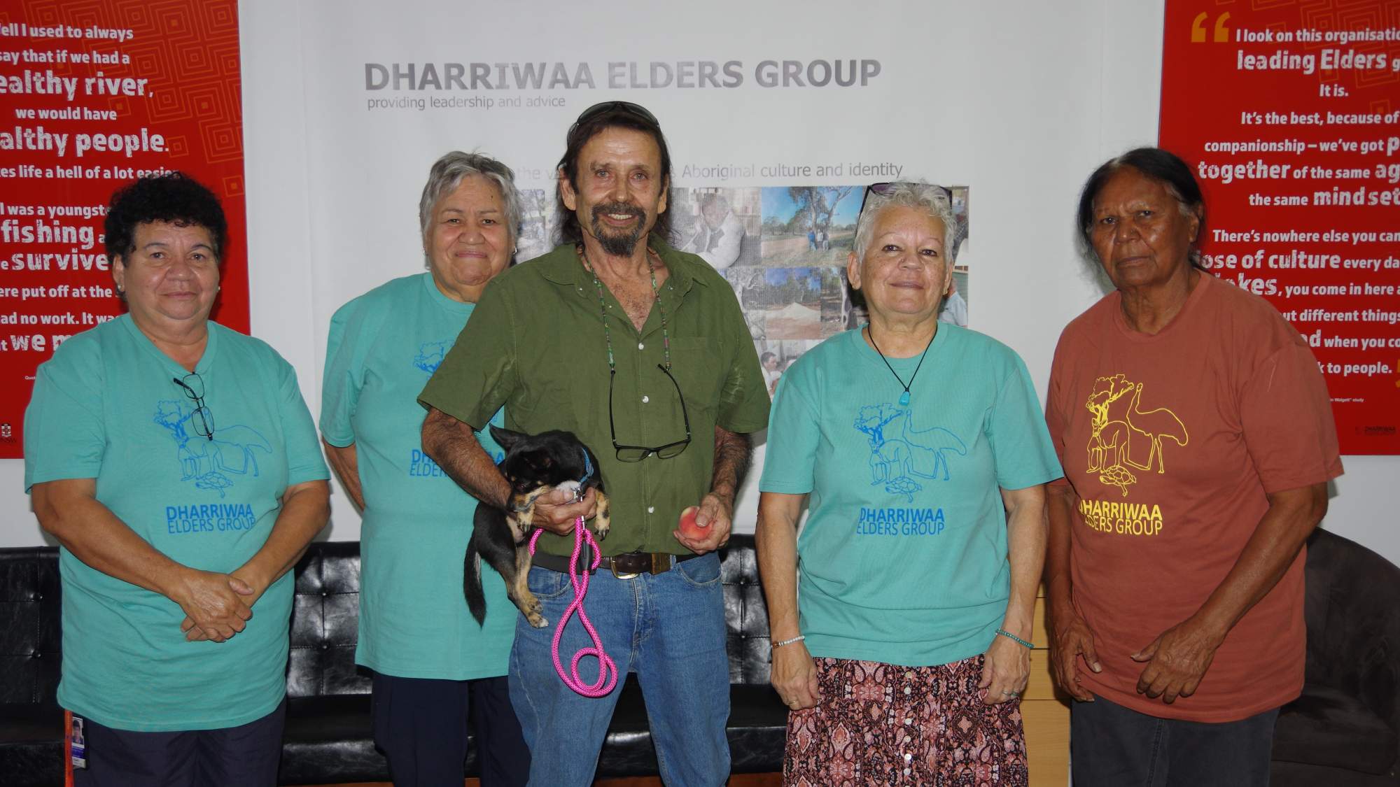 Dharriwaa Elders Group Elders Council February 2025: Speaker Sandra Suey-Thorne, Secretary Elizabeth Williams, Treasurer Ricky Townsend with Muttley, Elders Councillors Margaret Pallister and Norma Kennedy.