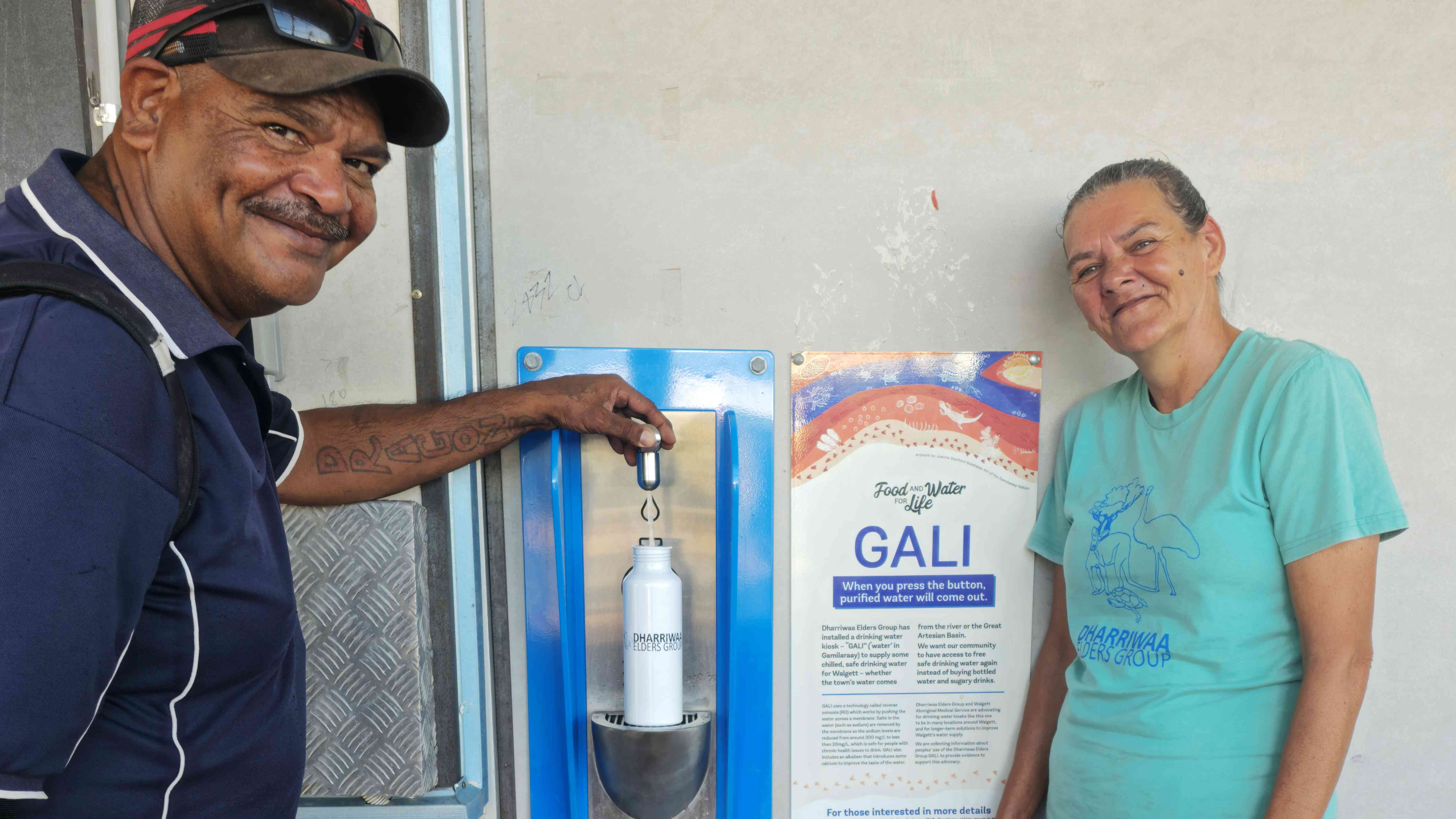 Chris Weatherall and DEG’s Lead Community Responses Vanessa Hickey proud that Dharriwaa Elders Group is providing chilled low sodium drinking water to the whole Walgett community